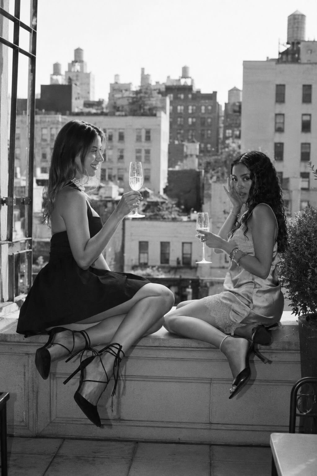 Two friends on a downtown parapet at golden hour — a coupe raised, a glance held mid-conversation